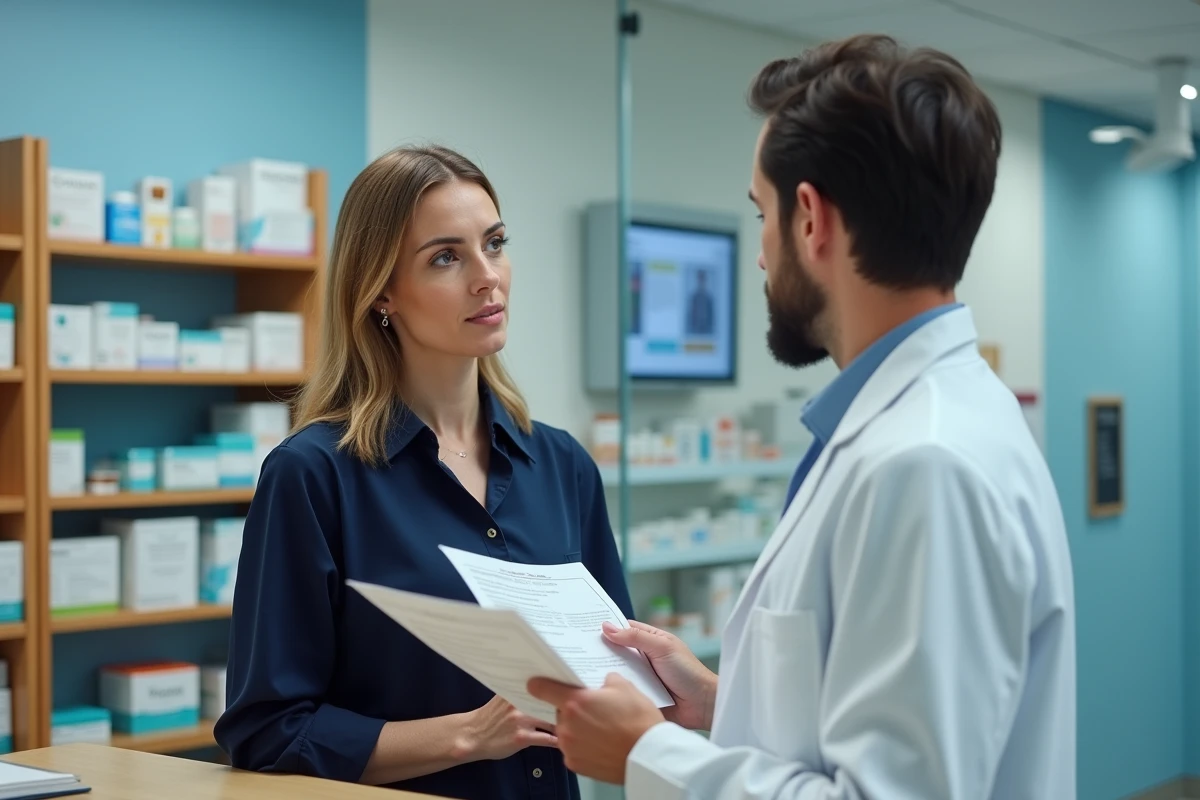 Femme discutant avec un pharmacien d'un accès à une radiographie sans ordonnance médicale dans une pharmacie moderne