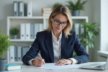 Administratrice de santé en blazer navy organisant des dossiers