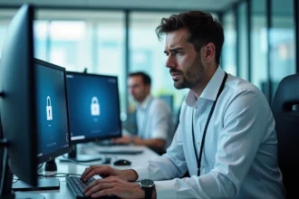 Agent hospitalier face à un écran d'erreur de connexion sur son poste de travail au CHU