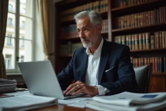 Homme en costume bleu marine assis à un bureau avec des journaux, regardant un écran d'ordinateur dans un bureau parisien avec des bibliothèques