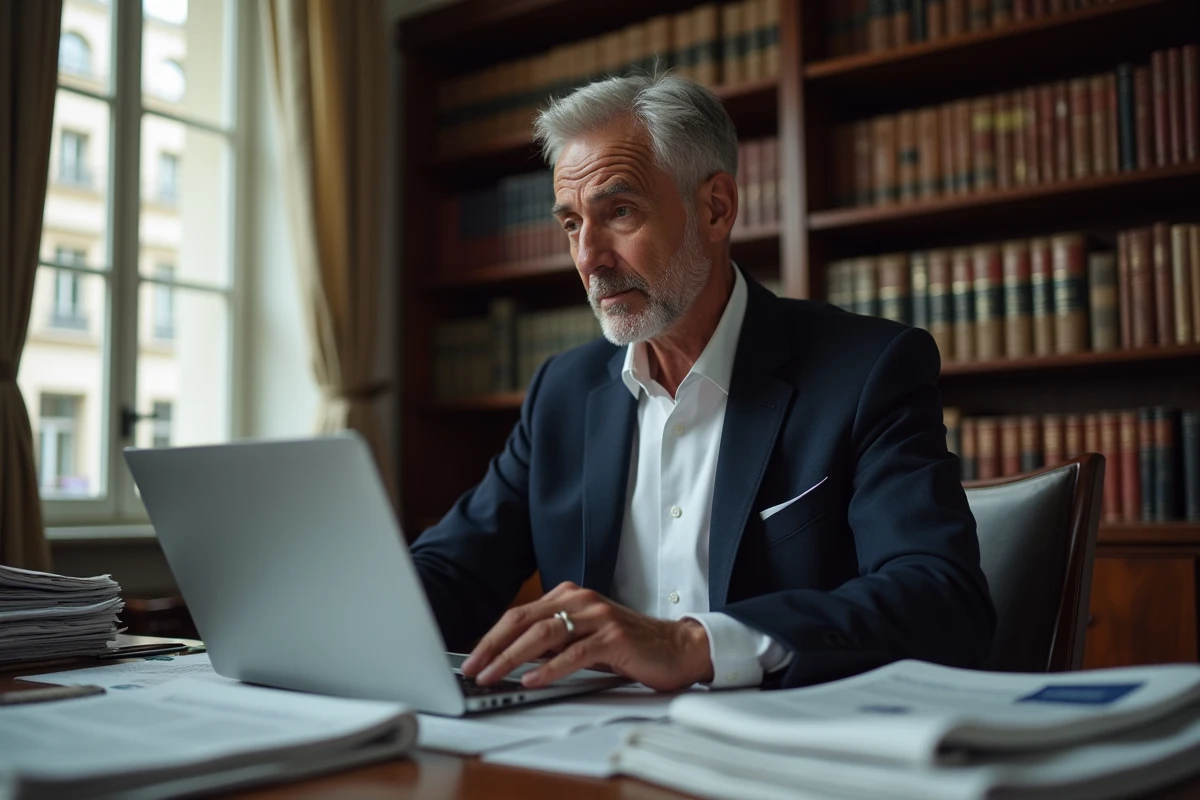 Homme en costume bleu marine assis à un bureau avec des journaux, regardant un écran d'ordinateur dans un bureau parisien avec des bibliothèques