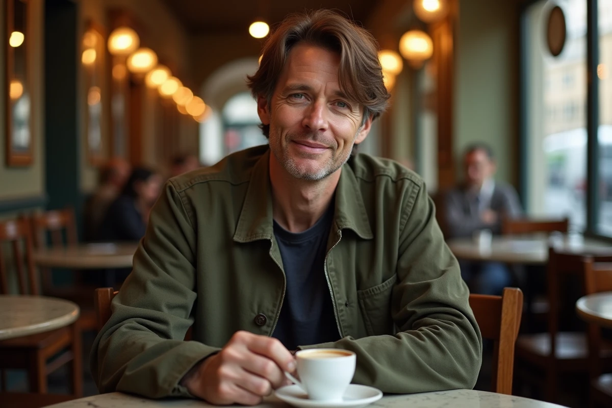 Portrait candide d'un artiste attablé dans un café parisien, ambiance intime et journalistique