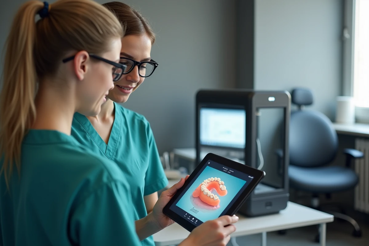 Assistante dentaire vérifiant un rendu 3D sur tablette