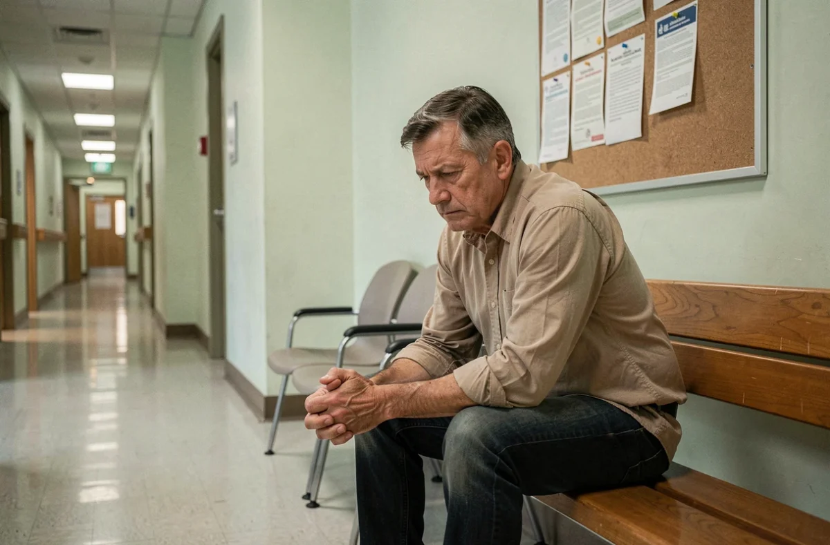 Homme seul dans une salle d'attente médicale évoquant la souffrance psychique et le parcours de reconnaissance du handicap