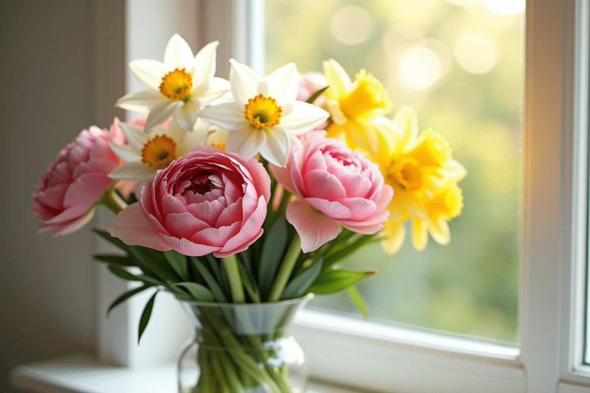 Bouquet de fleurs roses blanches et jaunes sur une fenêtre
