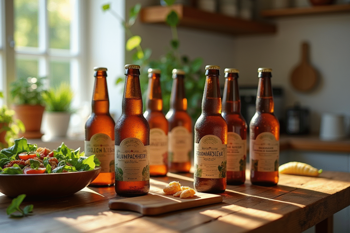Bouteilles de biere sans gluten avec salade sur table en bois