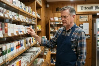 Buraliste allemand ajustant les étiquettes de prix de paquets de cigarettes dans un kiosque traditionnel en Allemagne