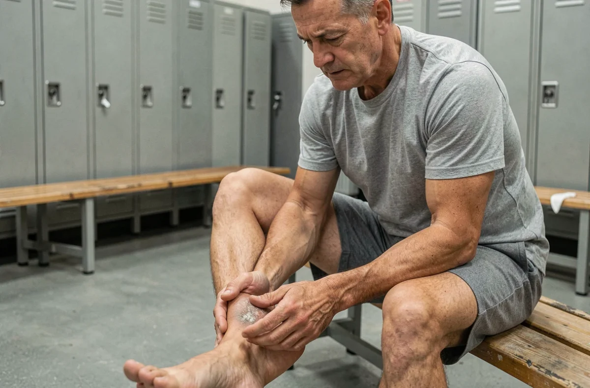 Homme d'âge mûr examinant une callosité sur la plante de son pied dans un vestiaire sportif