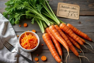 Carottes fraîches entières avec fanes vertes disposées sur une table en bois rustique, accompagnées d'un bol de carottes râpées et d'une fiche nutritionnelle manuscrite