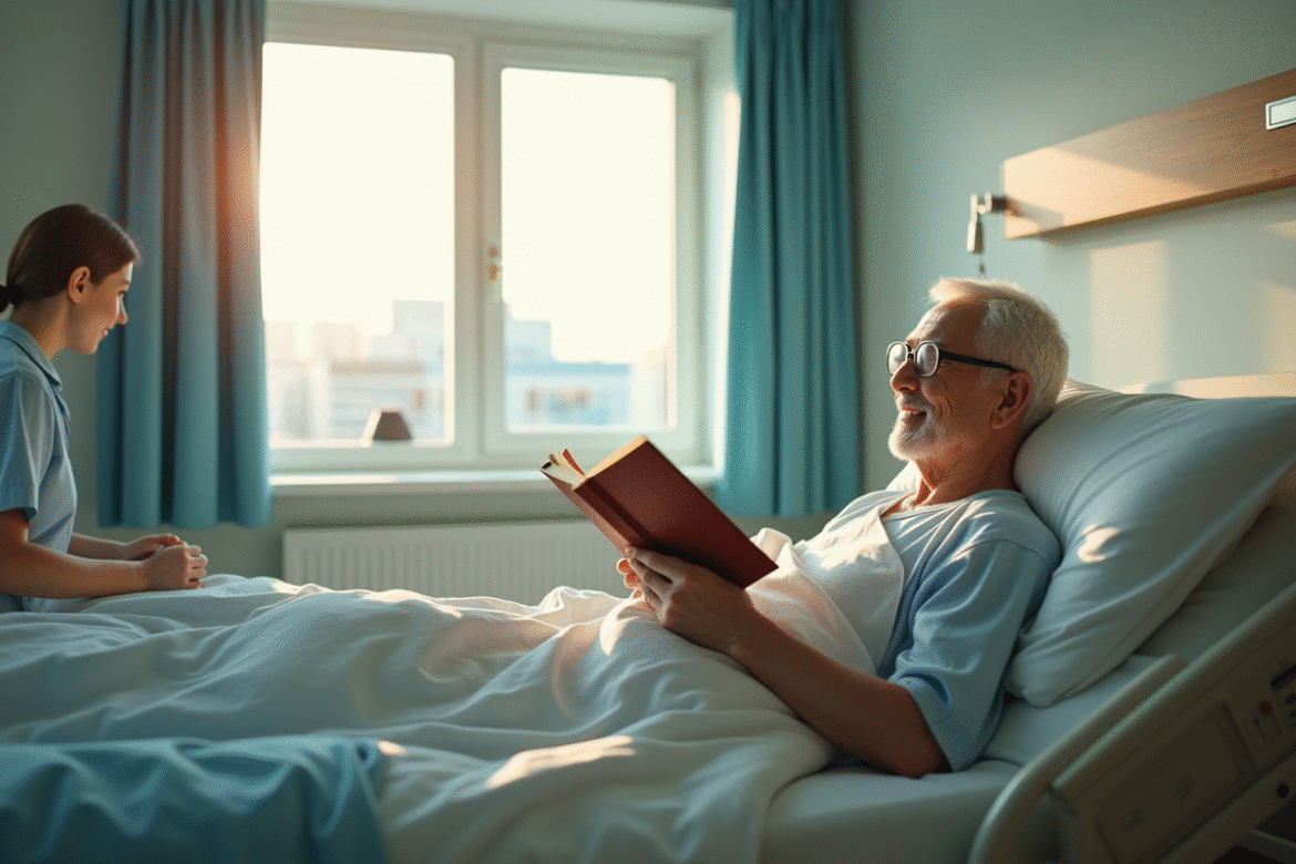 Salle d'hôpital calme avec un senior lisant confortablement
