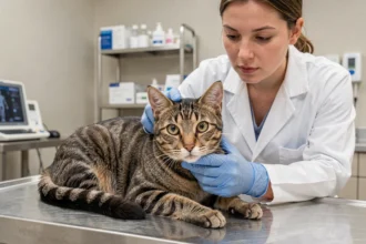 Chat tabby avec pupilles dilatées examiné par une vétérinaire en clinique