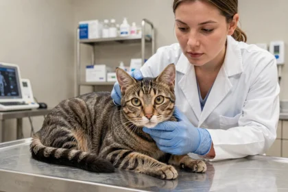 Chat tabby avec pupilles dilatées examiné par une vétérinaire en clinique