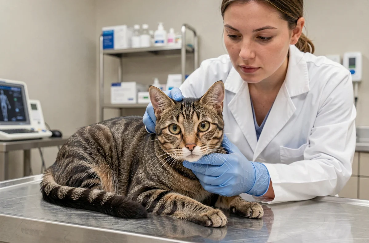 Chat tabby avec pupilles dilatées examiné par une vétérinaire en clinique
