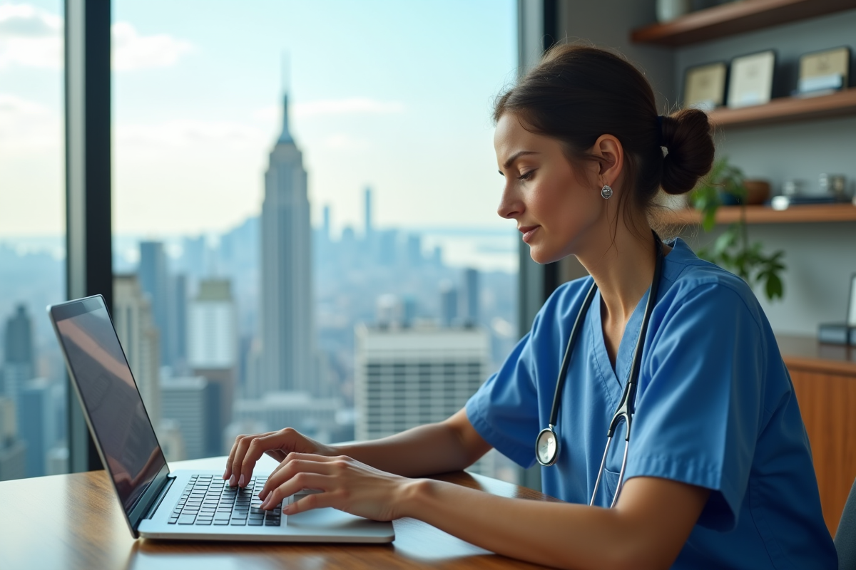 Chirurgienne en blouse bleue examinant un rapport financier
