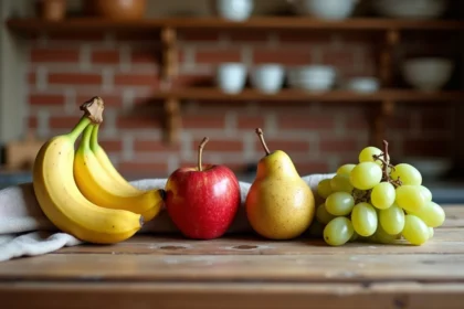 Comparaison de fruits frais : banane, pomme, poire et raisin posés sur une table en bois rustique