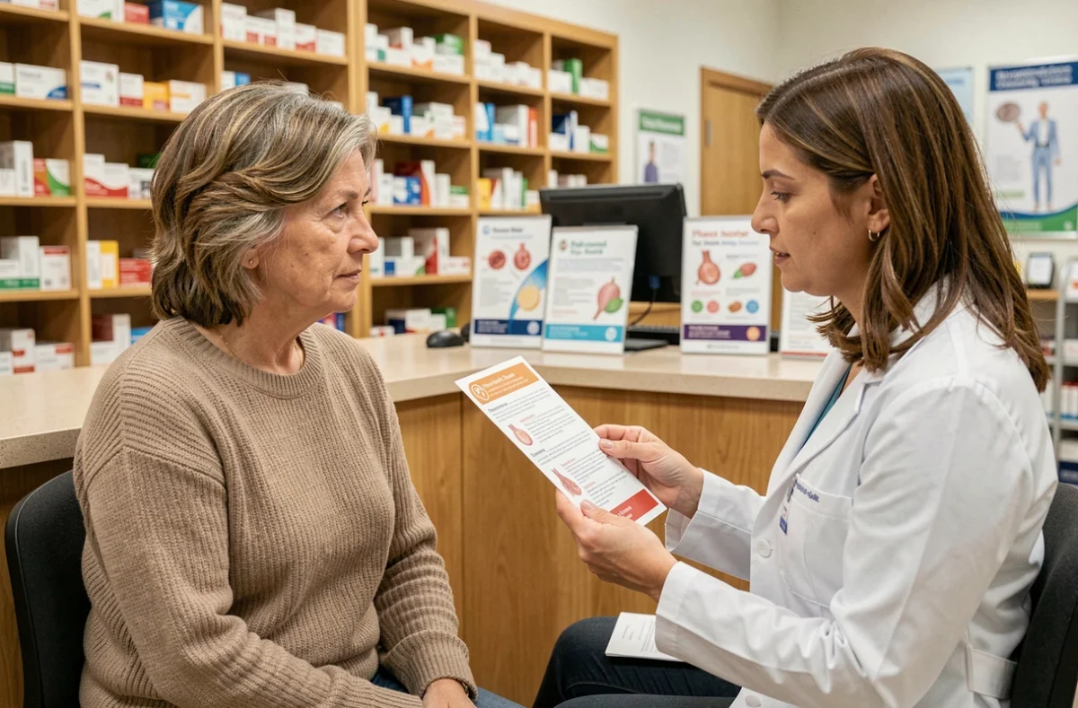 Patiente recevant des conseils pharmaceutiques sur le traitement d'un taux d'hématies trop élevé en pharmacie