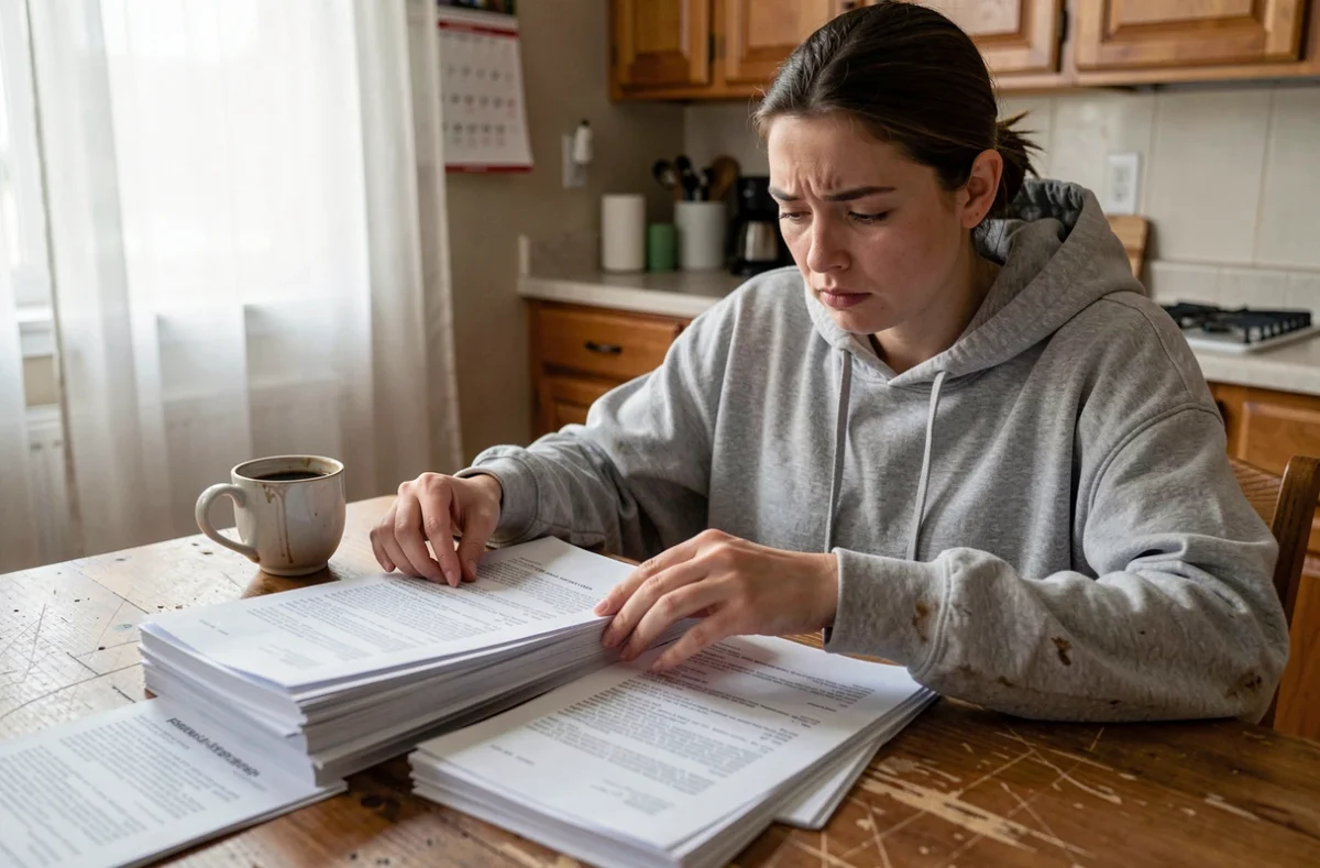 Jeune femme triant des documents médicaux à domicile pour constituer un dossier MDPH sur un trouble psychique durable