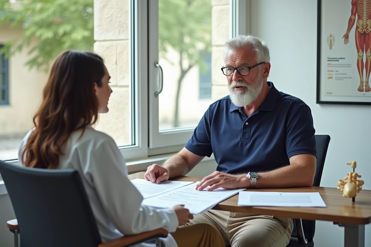 Patient en consultation pour une cure thermale rhumatologie 2026 discutant du programme de soins avec une kinésithérapeute dans une station thermale française