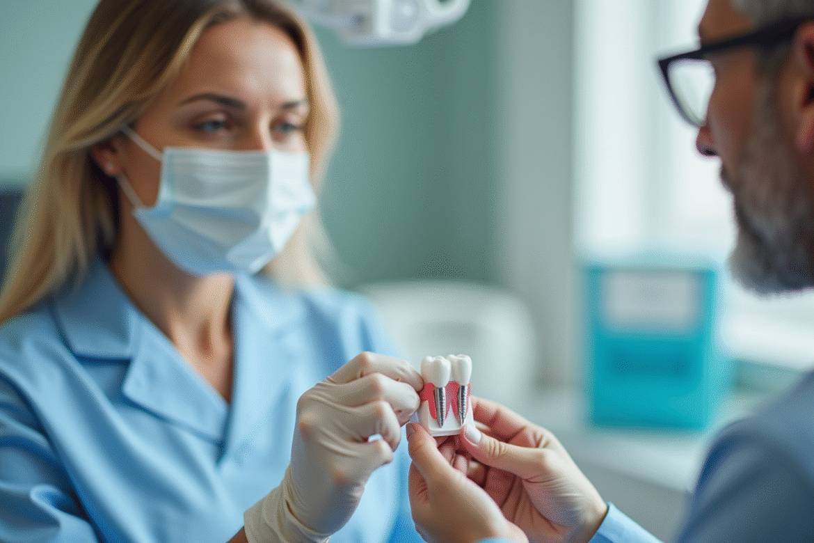 Dentiste montrant un modèle d'implant dentaire au patient