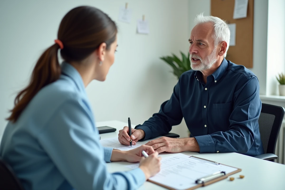 Patient et ergothérapeute examinant ensemble des documents de bilan en cabinet