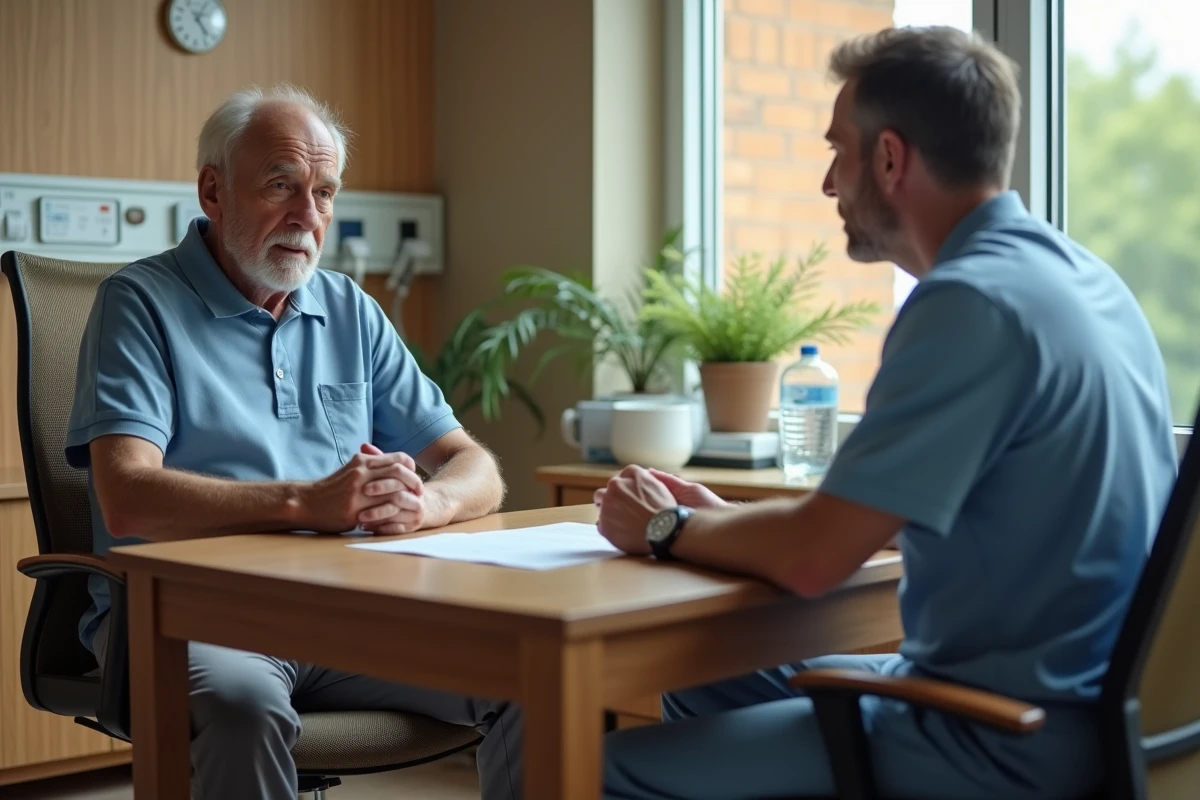 Patient âgé discutant avec médecin lors d