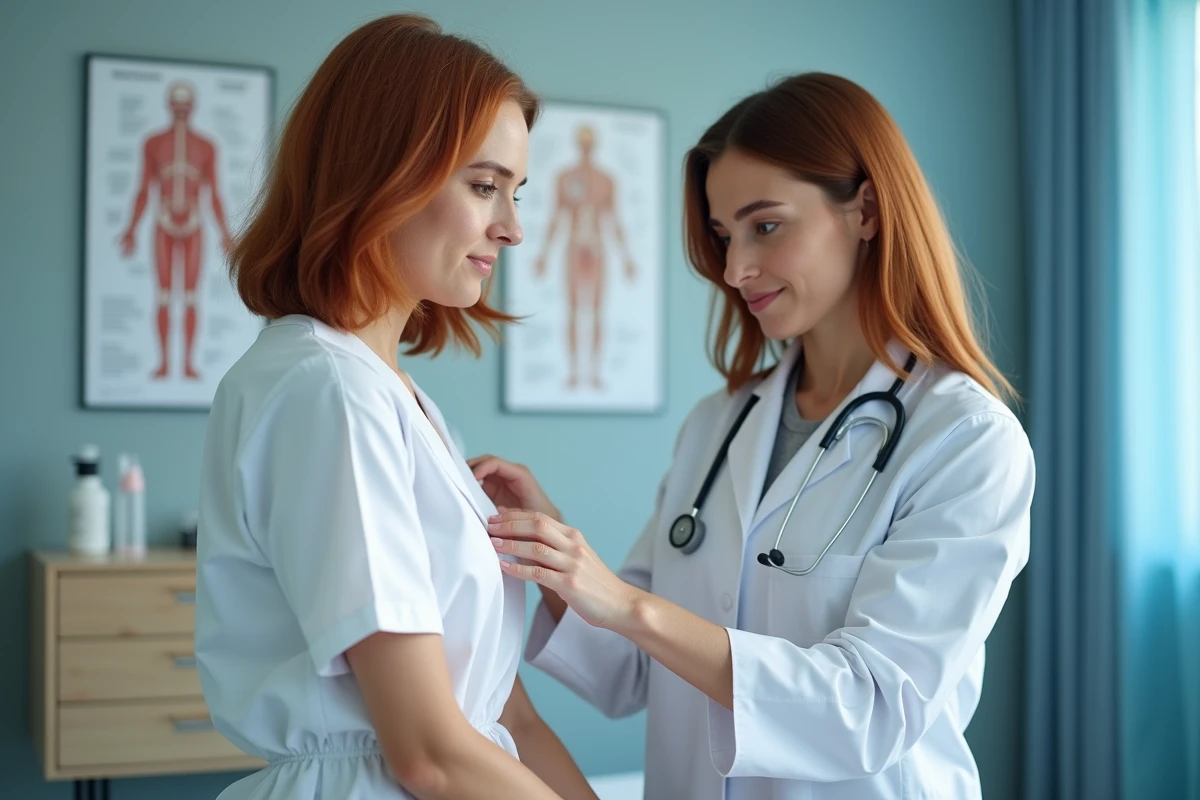 Médecin examinant l'aisselle gauche d'une patiente lors d'une consultation médicale