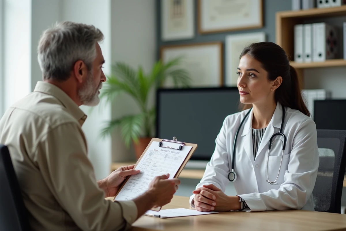 Consultation médicale d'un homme de 50 ans avec son médecin pour analyser des résultats de prise de sang et établir un plan de réduction du taux de CDT en 10 jours