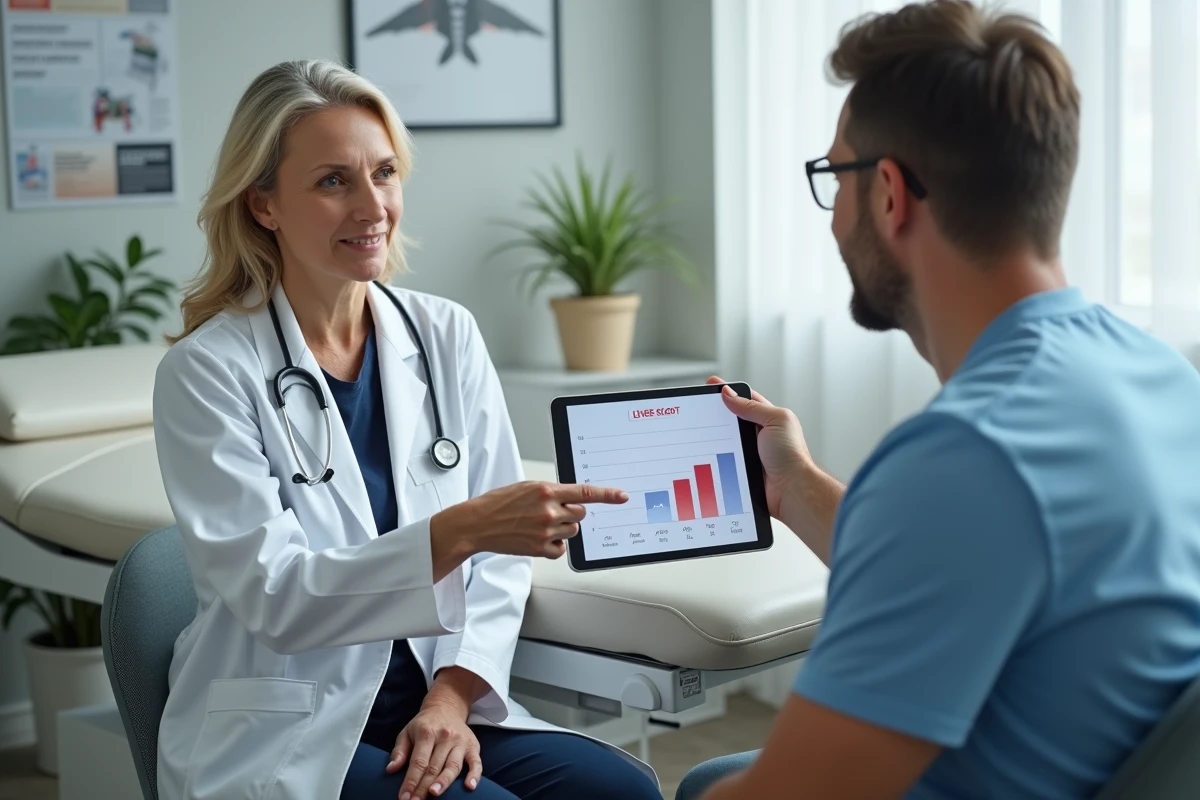 Médecin expliquant à son patient un taux de GGT élevé sur une tablette lors d'une consultation médicale après les fêtes