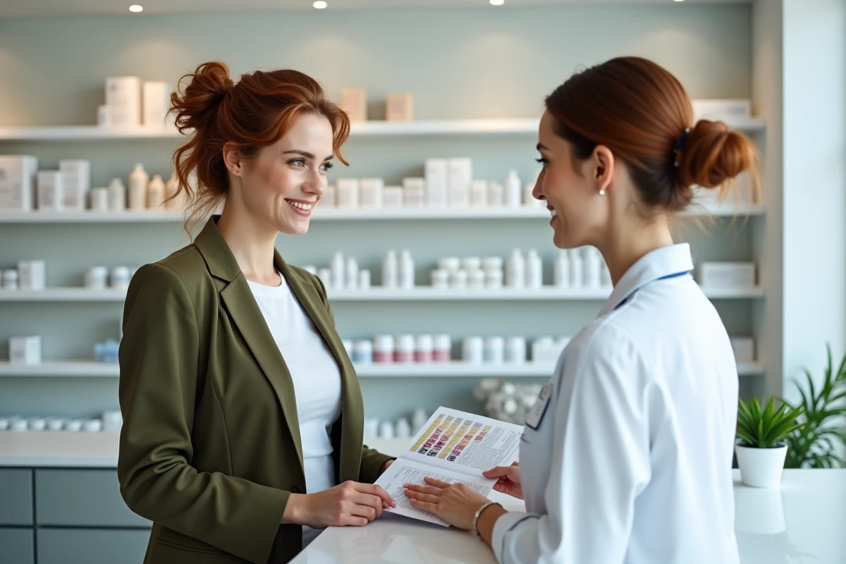 Femme de 47 ans consultant une pharmacienne au sujet d'un complément métabolique, représentant le recours aux solutions santé après 40 ans