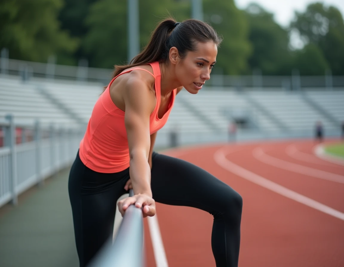 Coureuse sur piste athlétique s'étirant le mollet suite à une contracture musculaire pendant l'entraînement