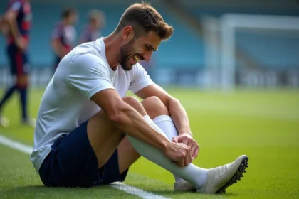 Footballeur assis sur le bord d'un terrain en herbe se tenant le mollet en contracture musculaire pendant un match