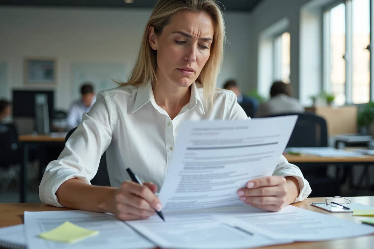 Femme professionnelle corrigeant des erreurs dans un dossier administratif CAMUEG au bureau