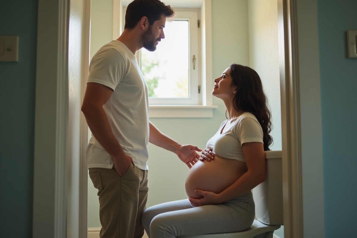 Homme soutenant sa partenaire enceinte dans une salle de bain lumineuse