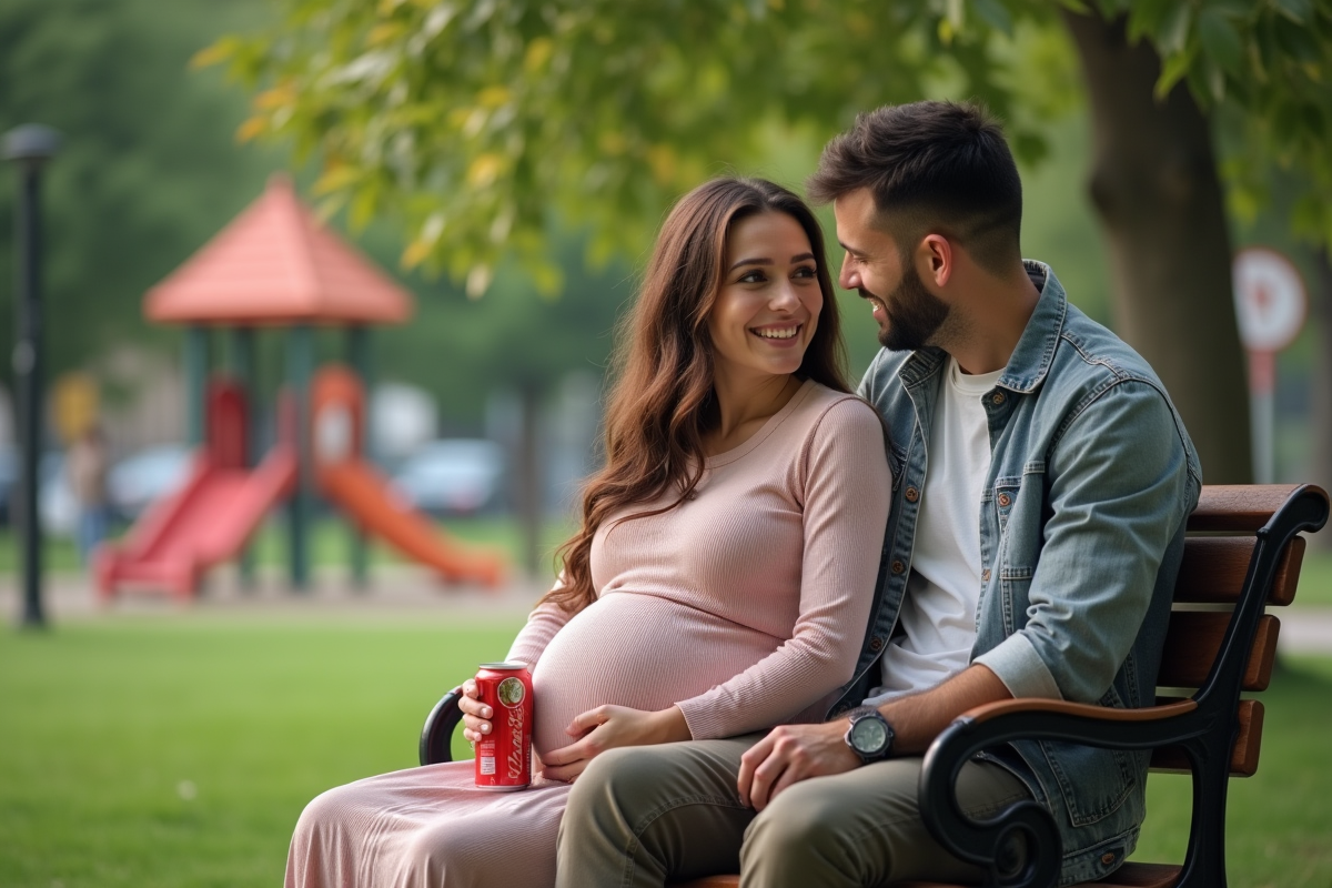 Couple enceinte assis dans un parc avec soda sans sucre
