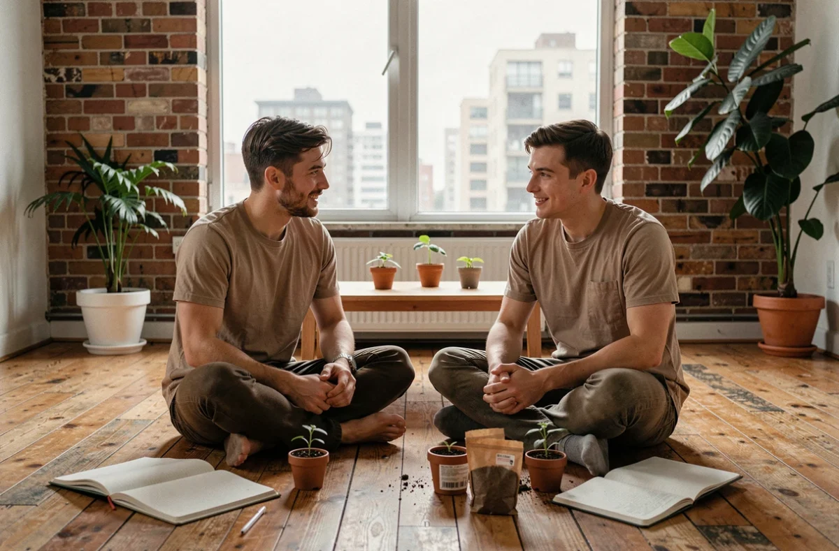 Couple planifiant un mode de vie écoresponsable avec des carnets, graines et plantes dans un appartement minimaliste