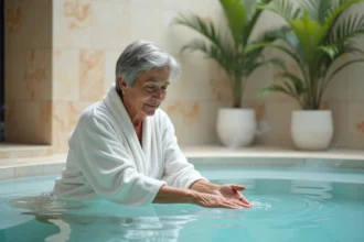 Femme en cure thermale rhumatologie plongeant les mains dans un bassin d'eau thermale minérale pour soulager les douleurs articulaires