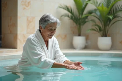 Femme en cure thermale rhumatologie plongeant les mains dans un bassin d'eau thermale minérale pour soulager les douleurs articulaires