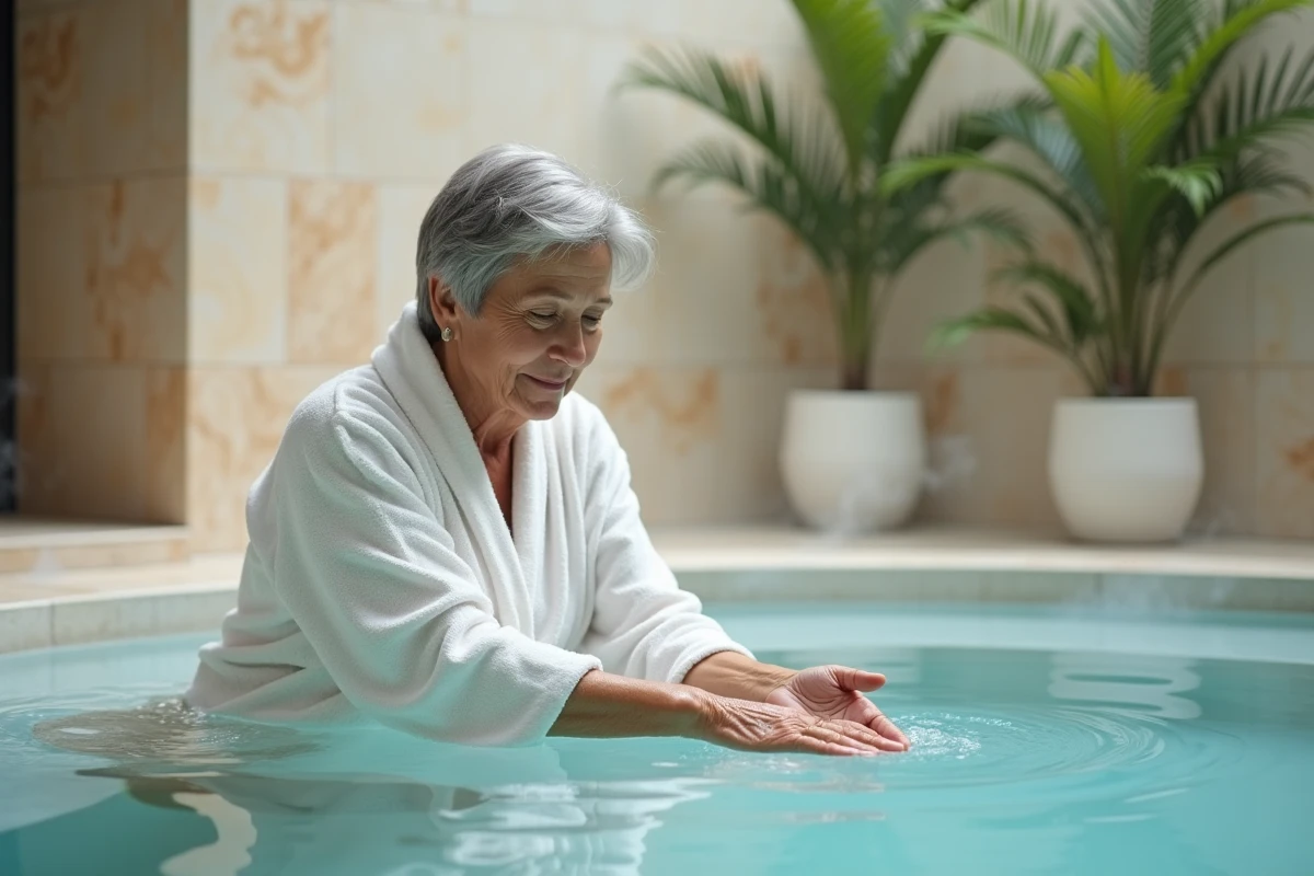Femme en cure thermale rhumatologie plongeant les mains dans un bassin d'eau thermale minérale pour soulager les douleurs articulaires