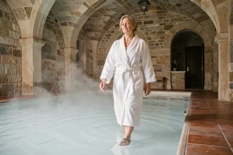 Senior active en robe de bain blanche entrant dans une piscine thermale minérale dans un établissement thermal traditionnel français