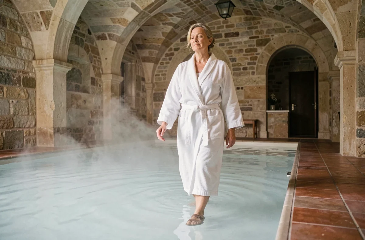 Senior active en robe de bain blanche entrant dans une piscine thermale minérale dans un établissement thermal traditionnel français