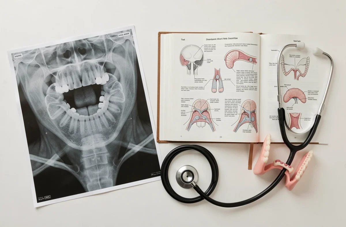 Vue en plan de documents médicaux sur l'anatomie de la gorge et des amygdales, incluant une radiographie, un livre médical et un modèle anatomique du larynx
