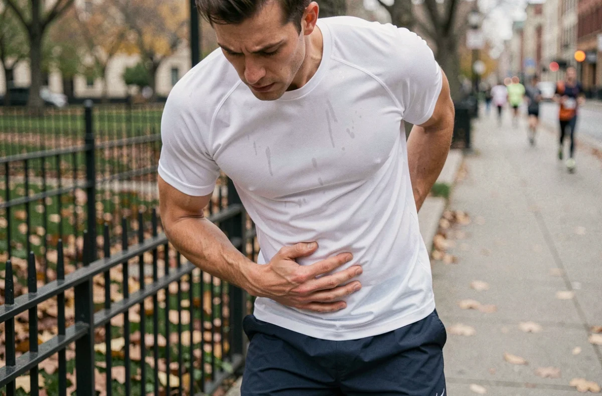 Homme jogger en ville tenant son abdomen gauche inférieur pendant une douleur après le sport