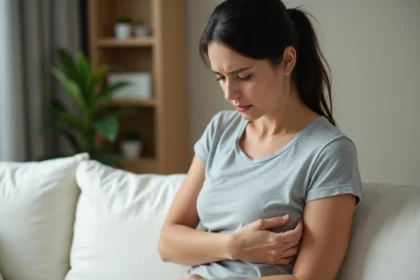 Femme tenant son aisselle gauche avec une expression de douleur au repos dans un salon