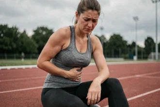 Femme sportive assise sur une piste d'athlétisme tenant son côté gauche bas du ventre après l'effort