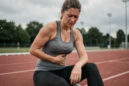 Femme sportive assise sur une piste d'athlétisme tenant son côté gauche bas du ventre après l'effort