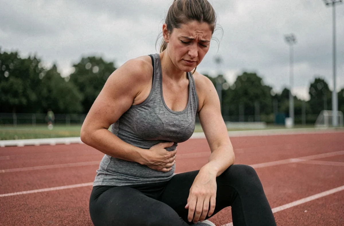 Femme sportive assise sur une piste d'athlétisme tenant son côté gauche bas du ventre après l'effort