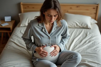 Femme tenant une bouillotte contre son ventre en raison de douleurs menstruelles liées aux kystes ovariens
