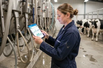 Éleveuse laitière consultant les données de qualité du lait sur une tablette dans une salle de traite moderne