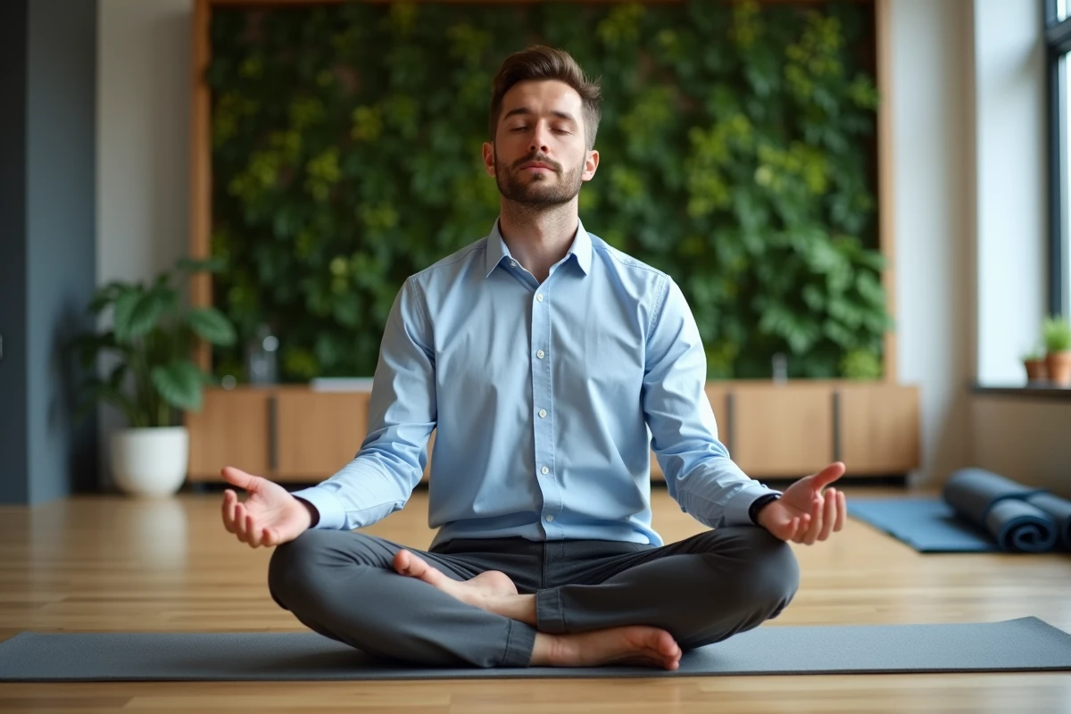Employé pratiquant la pleine conscience dans un espace bien-être d'entreprise pour réduire le stress au travail
