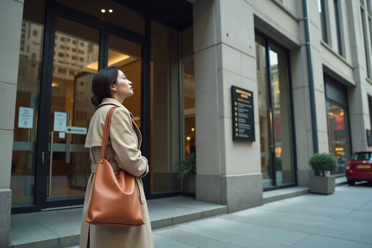 Femme devant l'entrée d'un bâtiment administratif de la CPAM à Nanterre cherchant le bon guichet